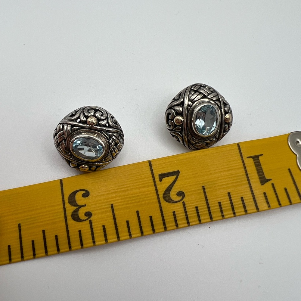 Detailed Vintage Sterling Silver and 18k with Blue Stone Earrings - Picture 11 of 12